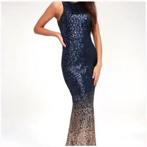 Lulu’s Infinite Dreams Blue and Gold Sequin Ombré Maxi